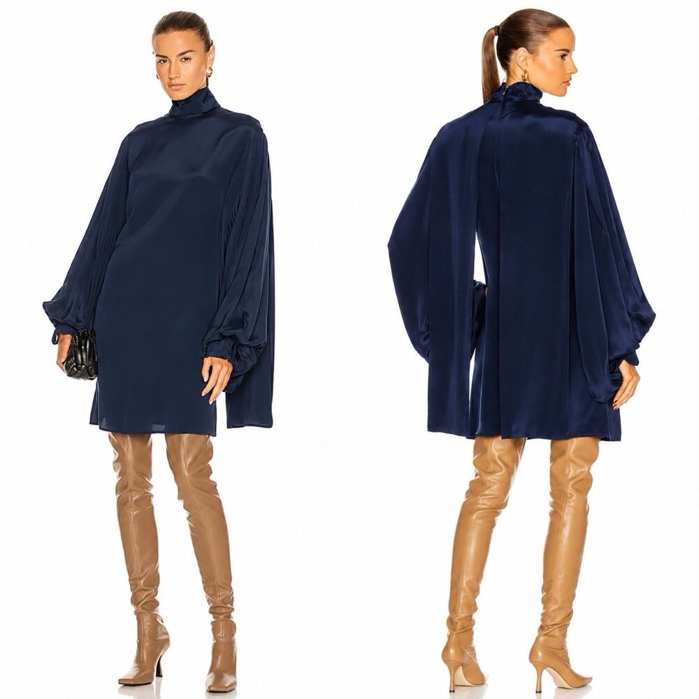 Victoria Beckham 100% Silk Navy Bishop Sleeve Cape Style Mini Dress 4 Made In UK